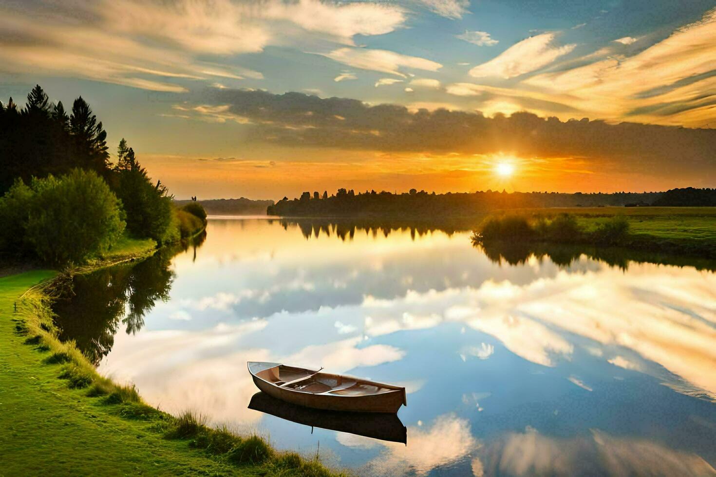 a boat is sitting on the shore of a river at sunset. AI-Generated photo