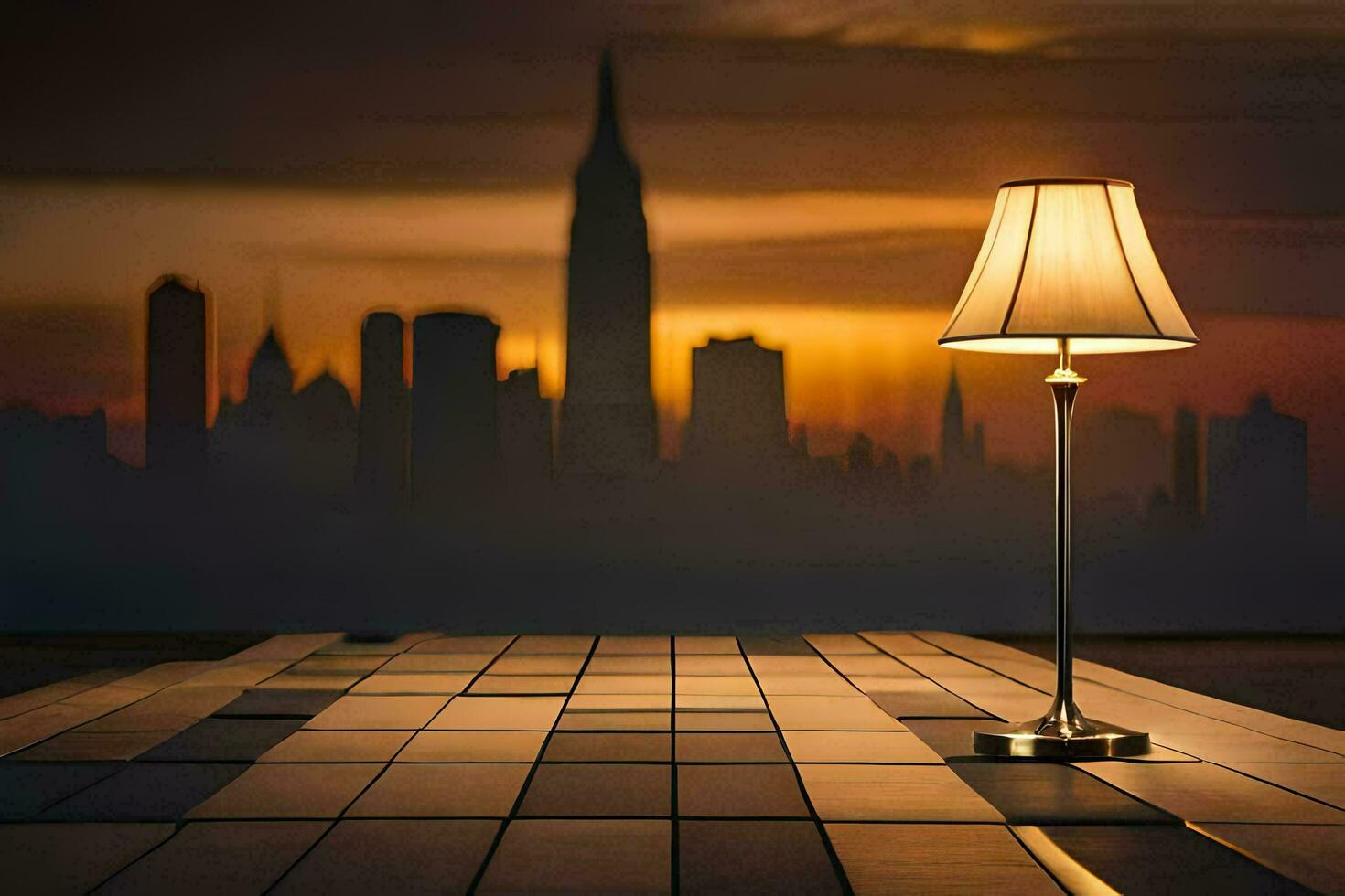 a lamp is sitting on a floor with a city in the background. AI-Generated photo