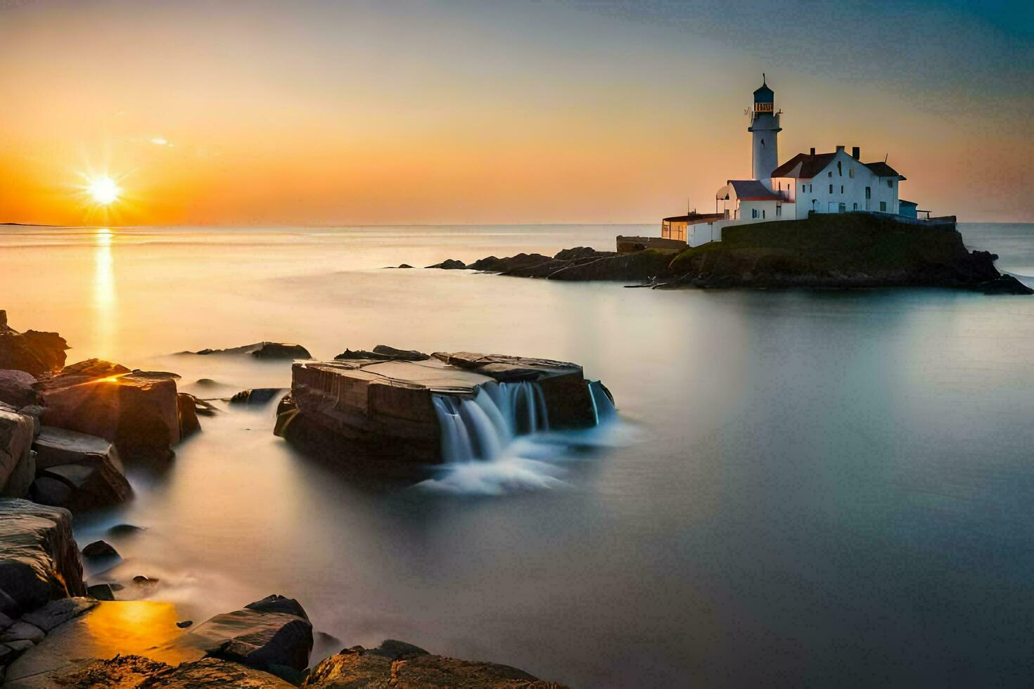 a lighthouse sits on the rocks at sunset. AI-Generated photo