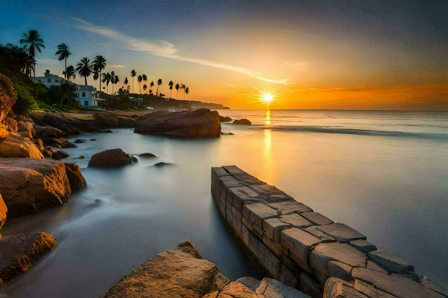 el Dom sube terminado el Oceano y rocas en el primer plano. generado por ai foto