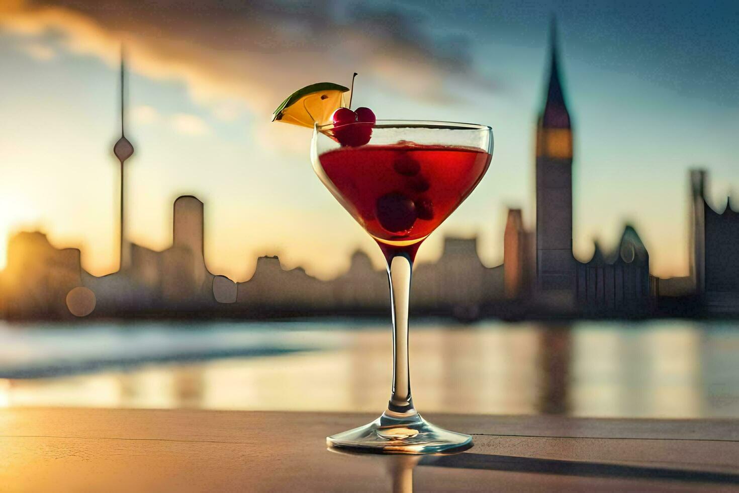 a cocktail with a cherry on top of it sits on a table in front of a city skyline. AI-Generated photo