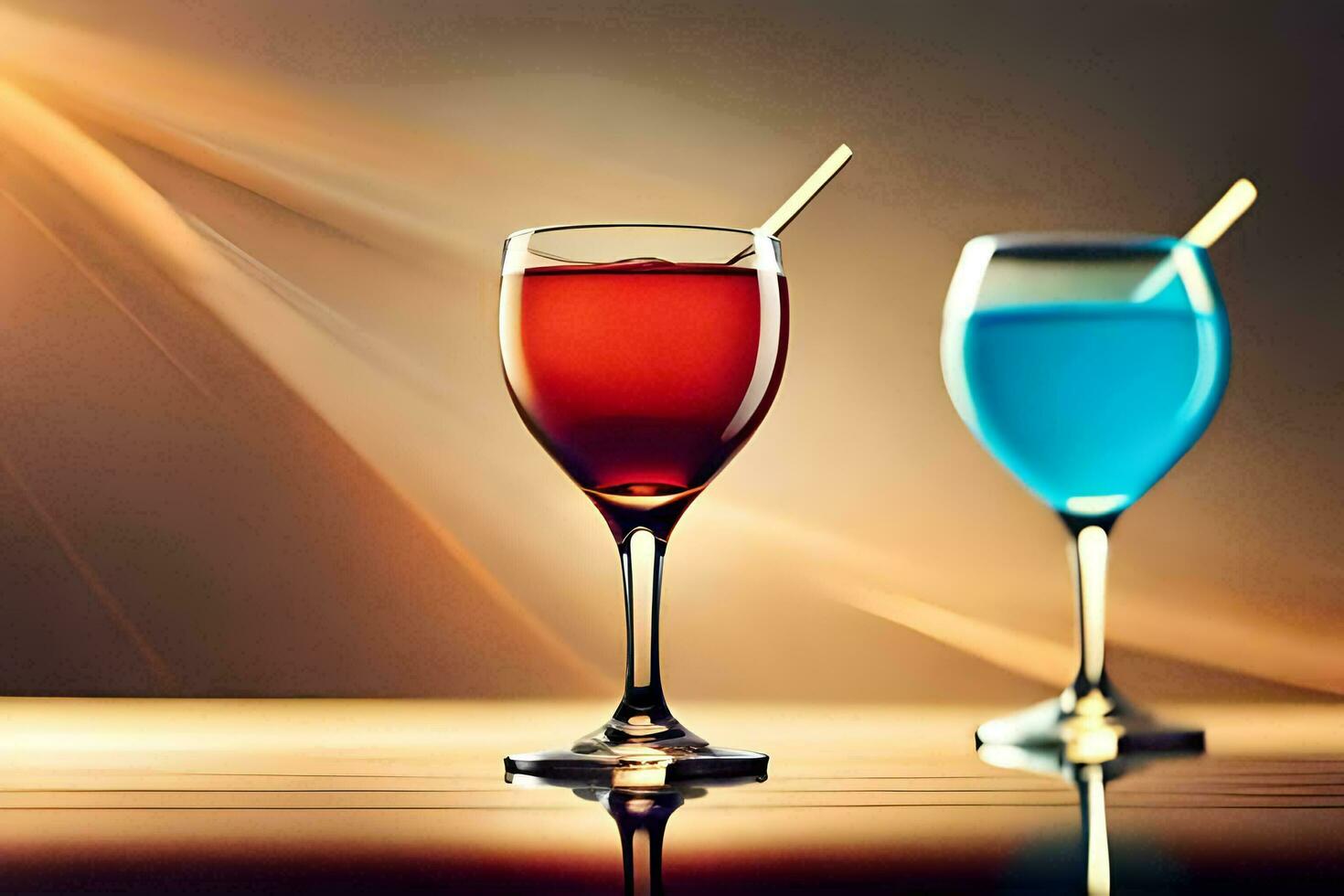 two glasses of colored drinks sit on a table. AI-Generated photo