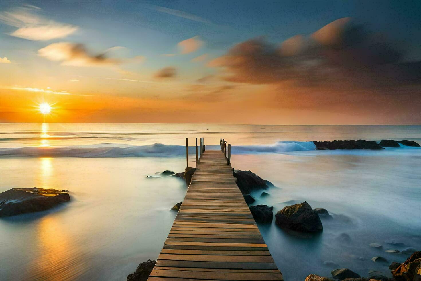 a wooden pier stretches out into the ocean at sunset. AI-Generated photo