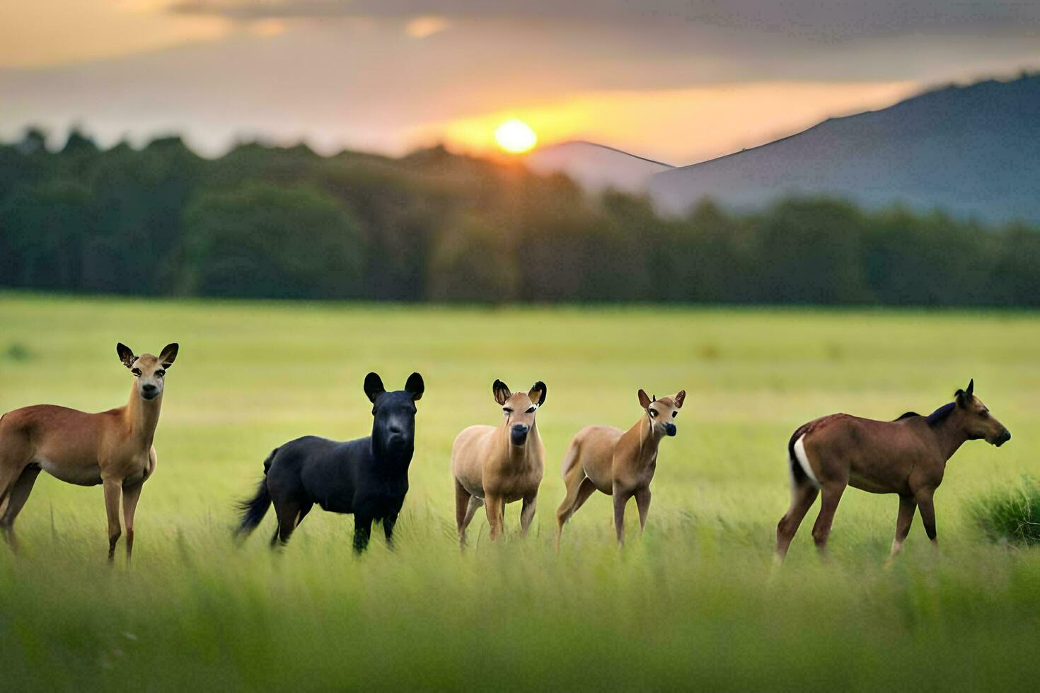 four horses are standing in a field with the sun setting. AI-Generated photo