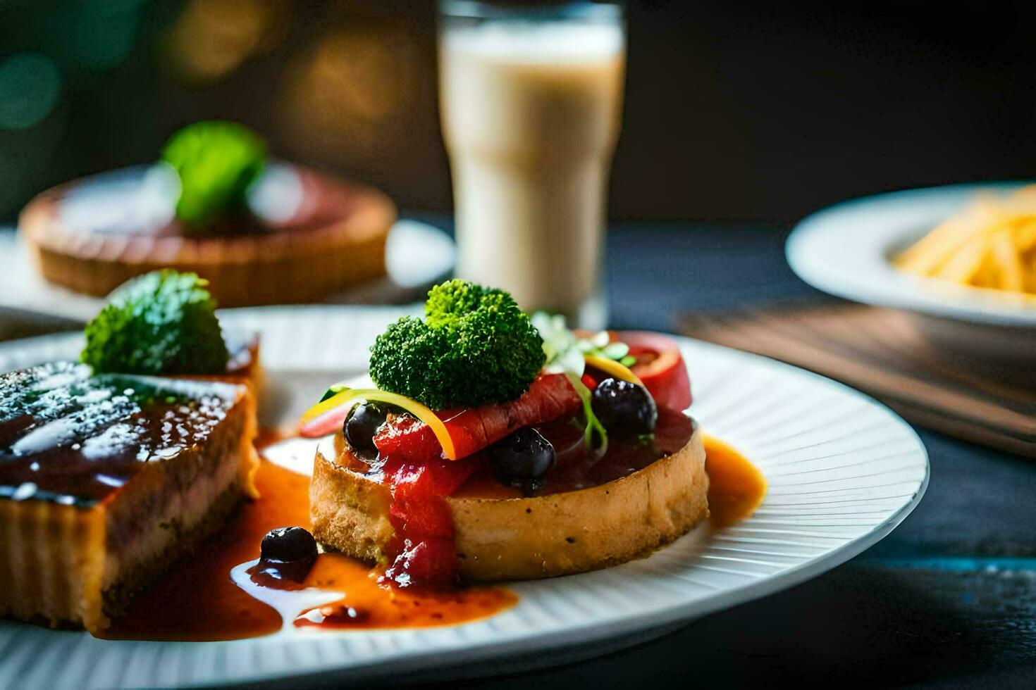 a plate with two desserts and a glass of milk. AI-Generated photo