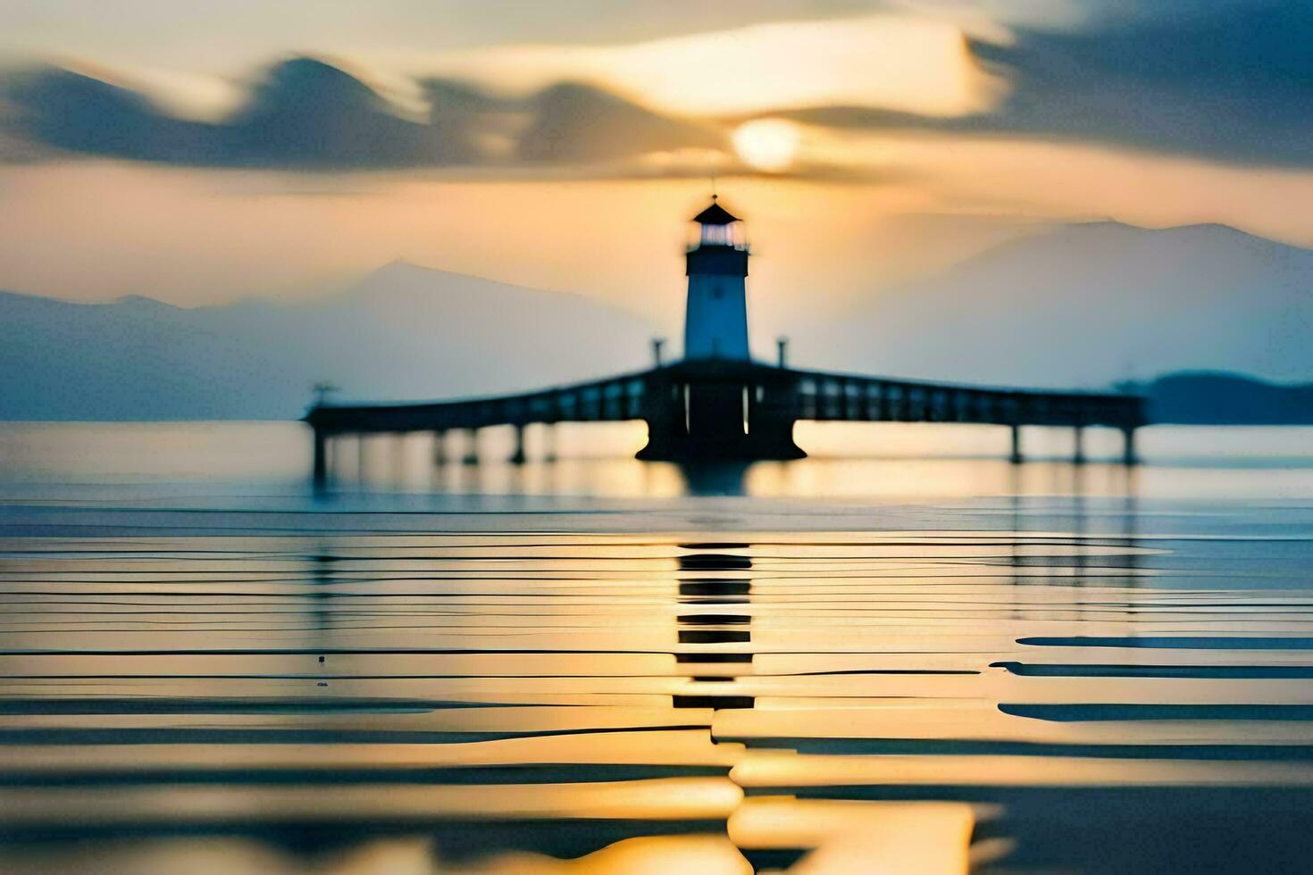 a lighthouse stands in the water at sunset. AI-Generated photo