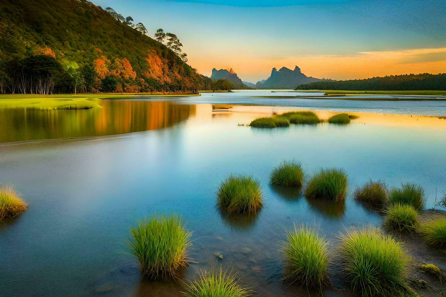 a beautiful sunset over a lake with grass and rocks. AI-Generated photo