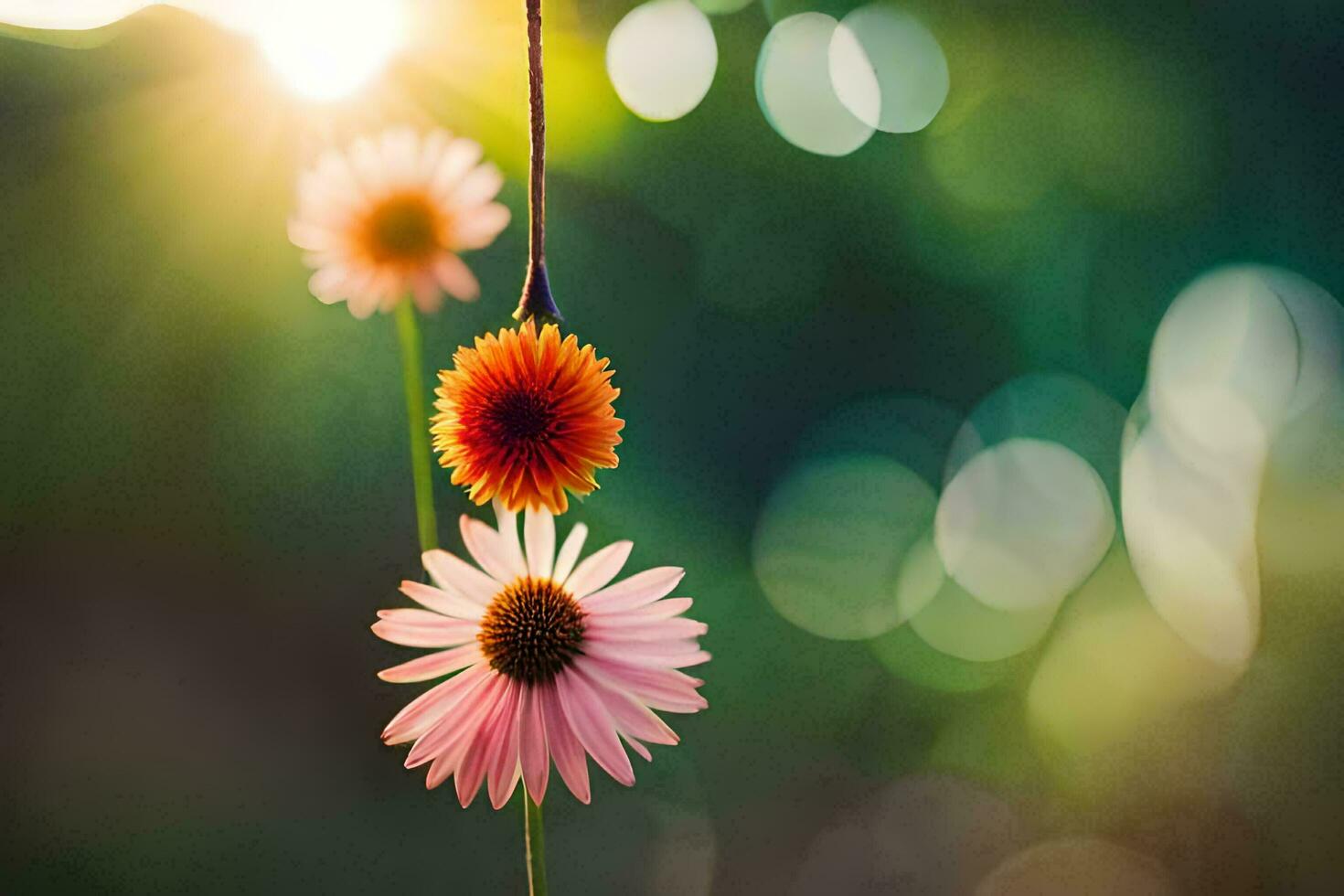two flowers are hanging from a string. AI-Generated photo