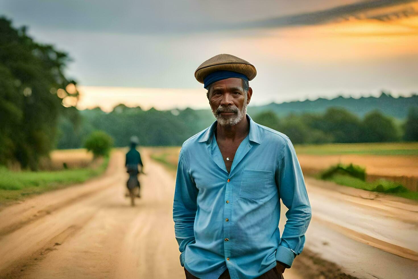 a man standing on a dirt road with a hat on. AI-Generated photo