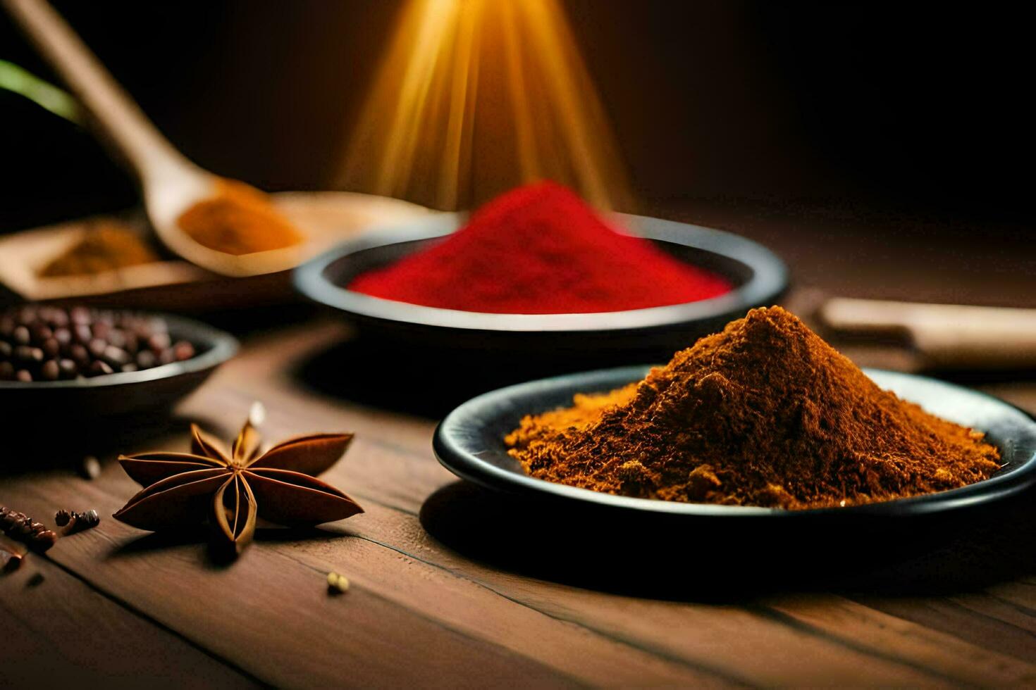 spices and spices on a wooden table. AI-Generated photo