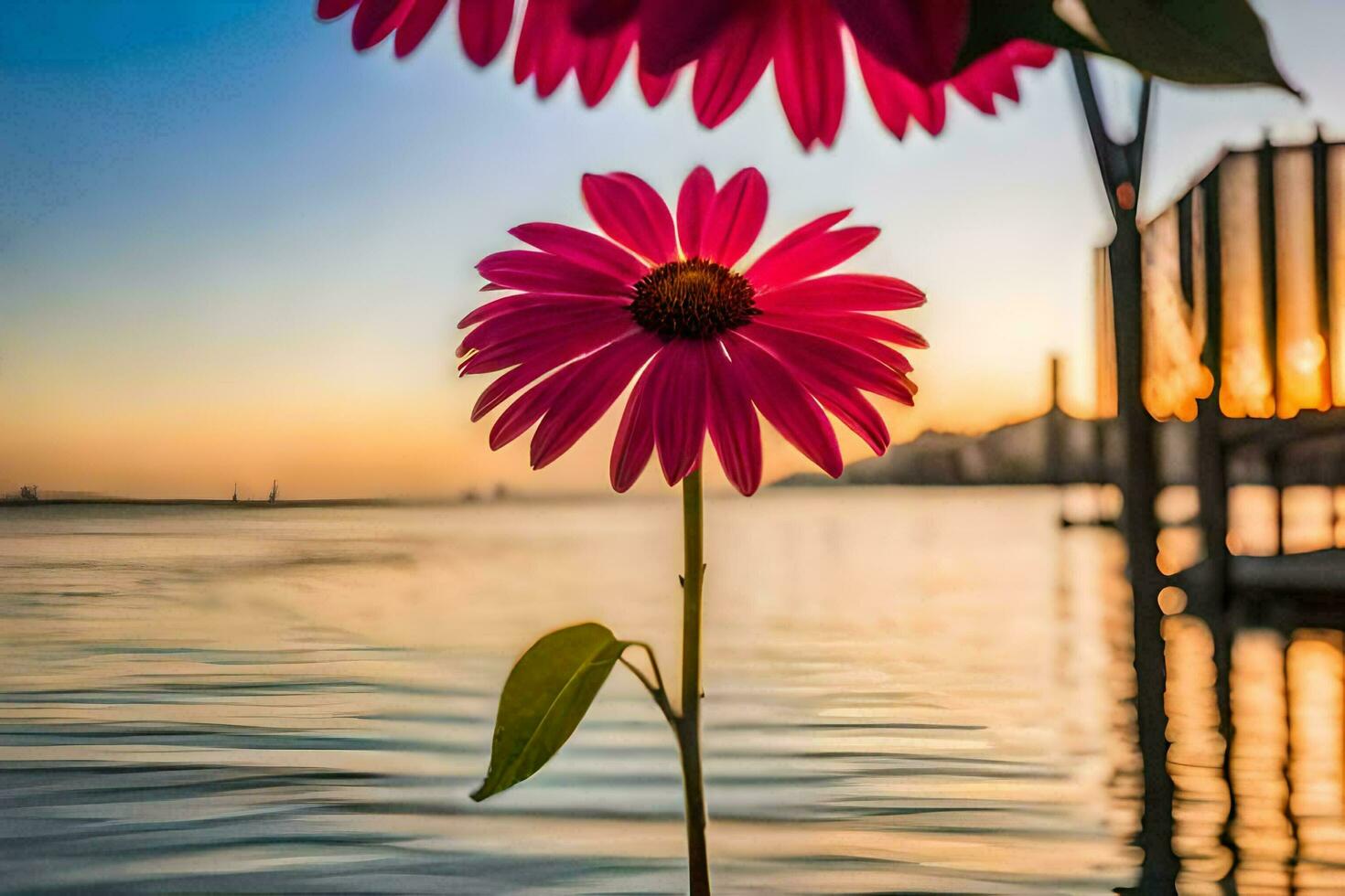 a pink flower is standing in front of a body of water. AI-Generated photo