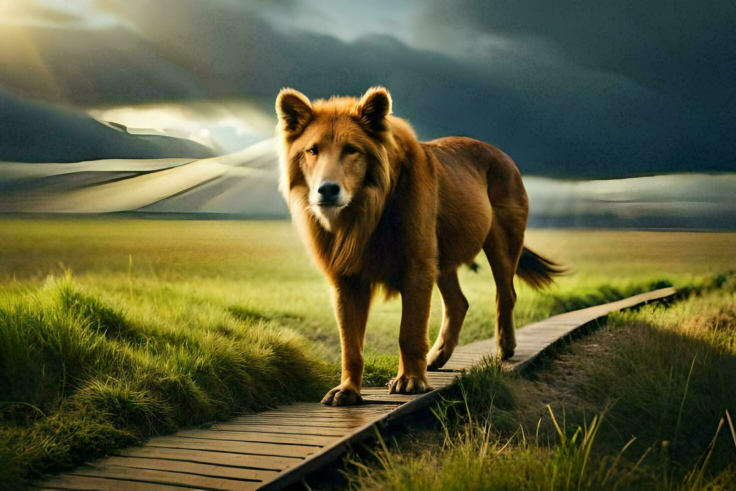 a lion walking on a wooden path in a field. AI-Generated photo