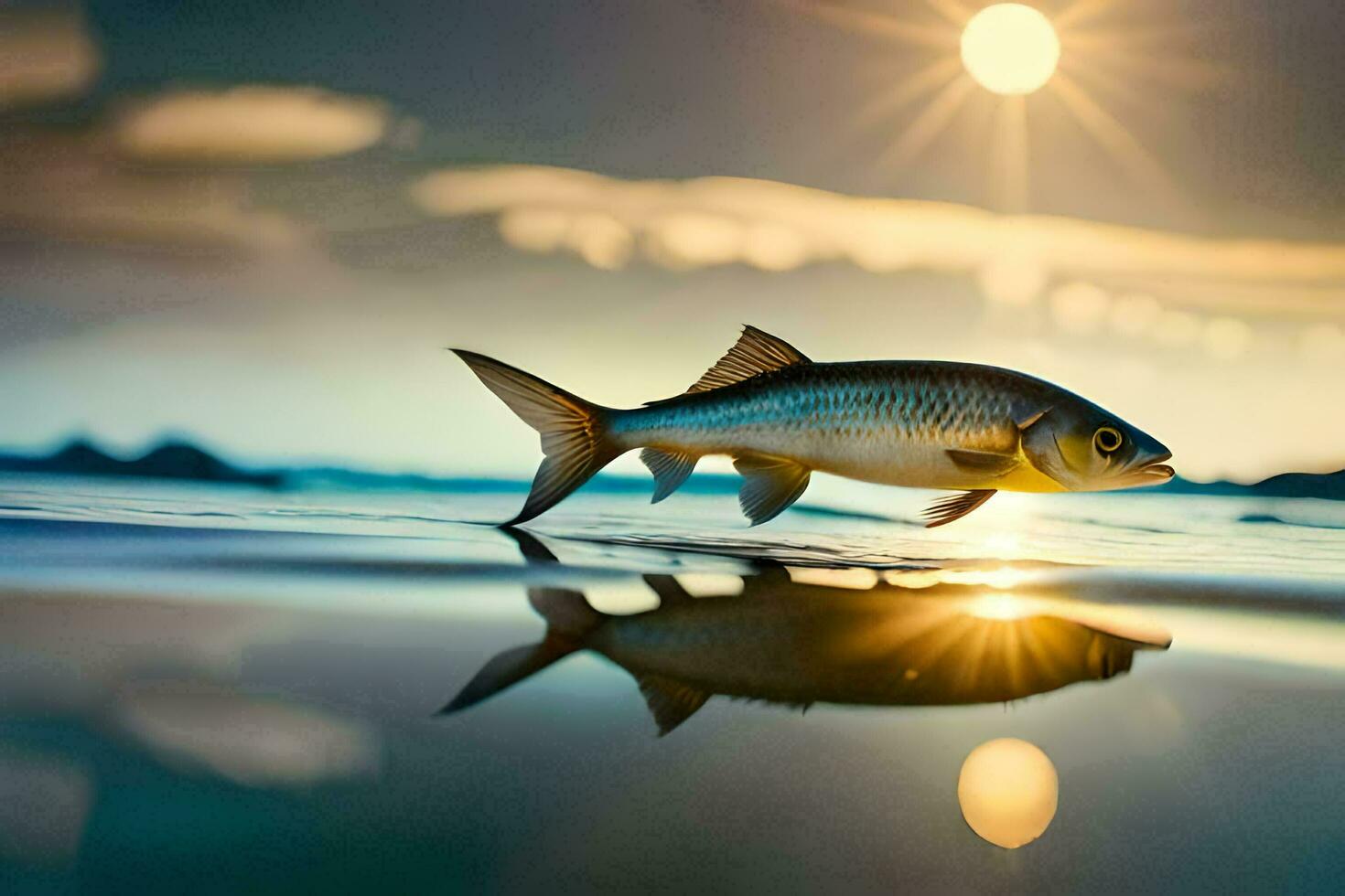 a fish is standing on the beach with the sun in the background. AI-Generated photo