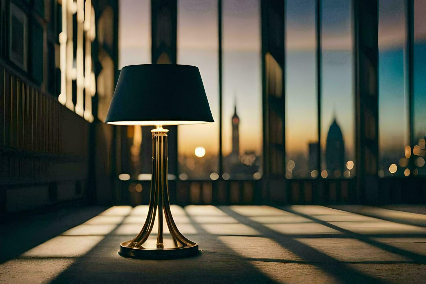 a lamp sitting on a table in front of a cityscape. AI-Generated photo