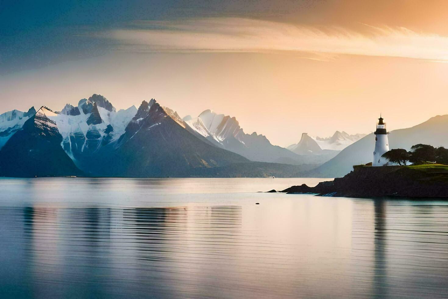 a lighthouse sits on the shore of a lake with mountains in the background. AI-Generated photo
