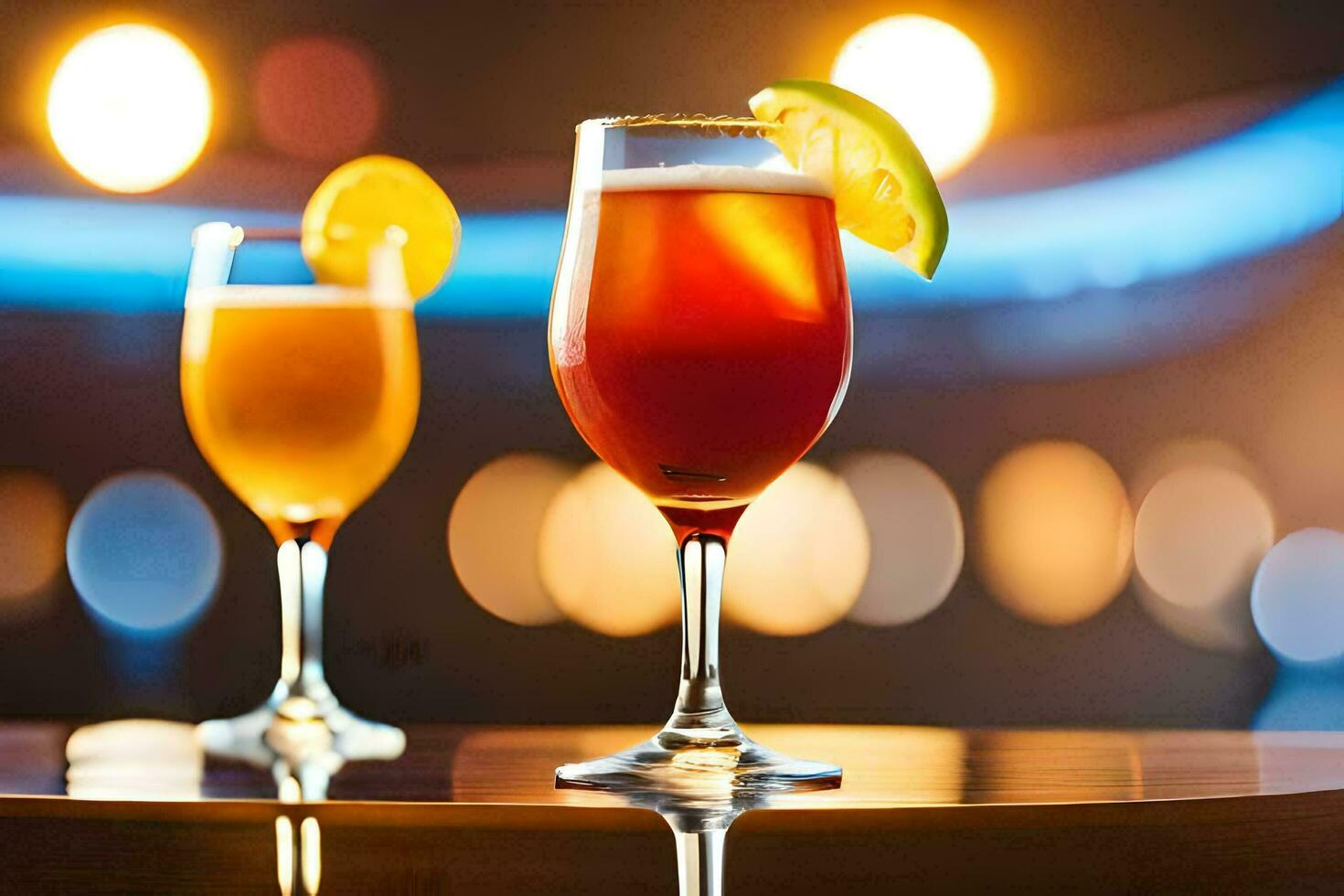 two glasses of alcoholic drinks with a lime slice. AI-Generated photo