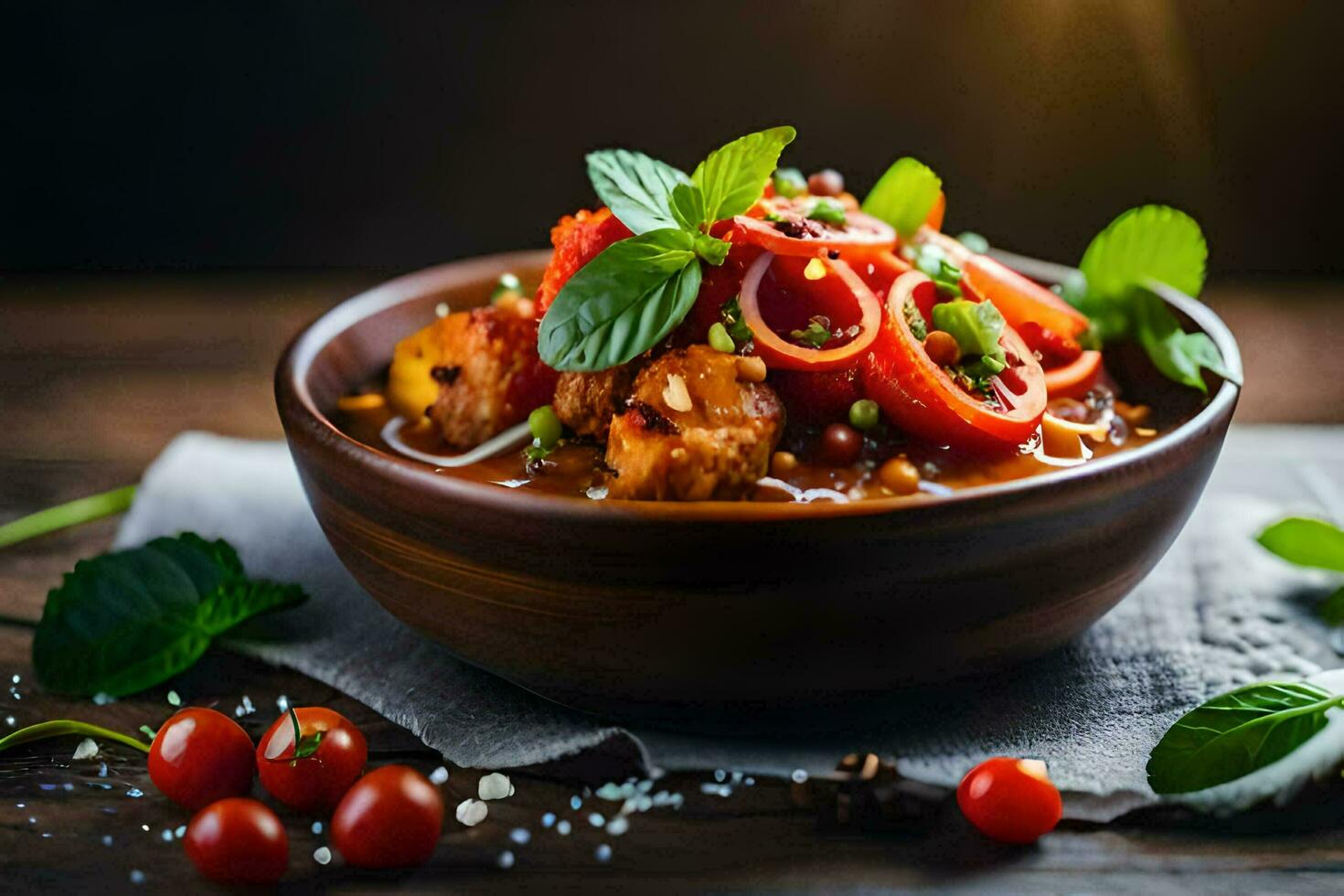 chicken curry in a bowl with tomatoes and spices. AI-Generated photo