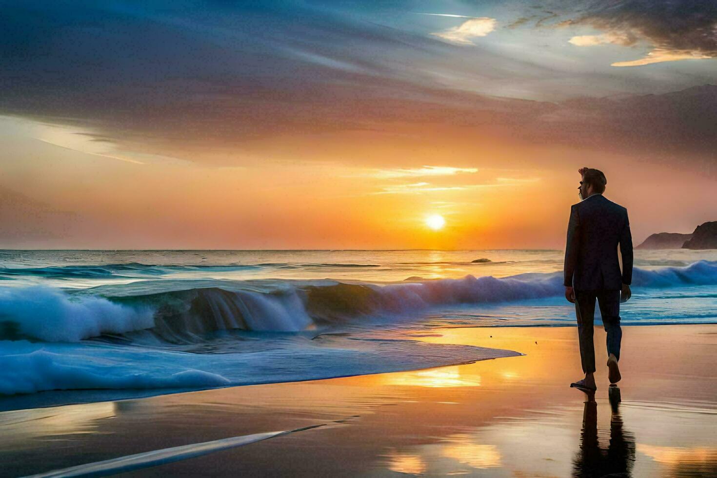 a man in a suit stands on the beach at sunset. AI-Generated photo