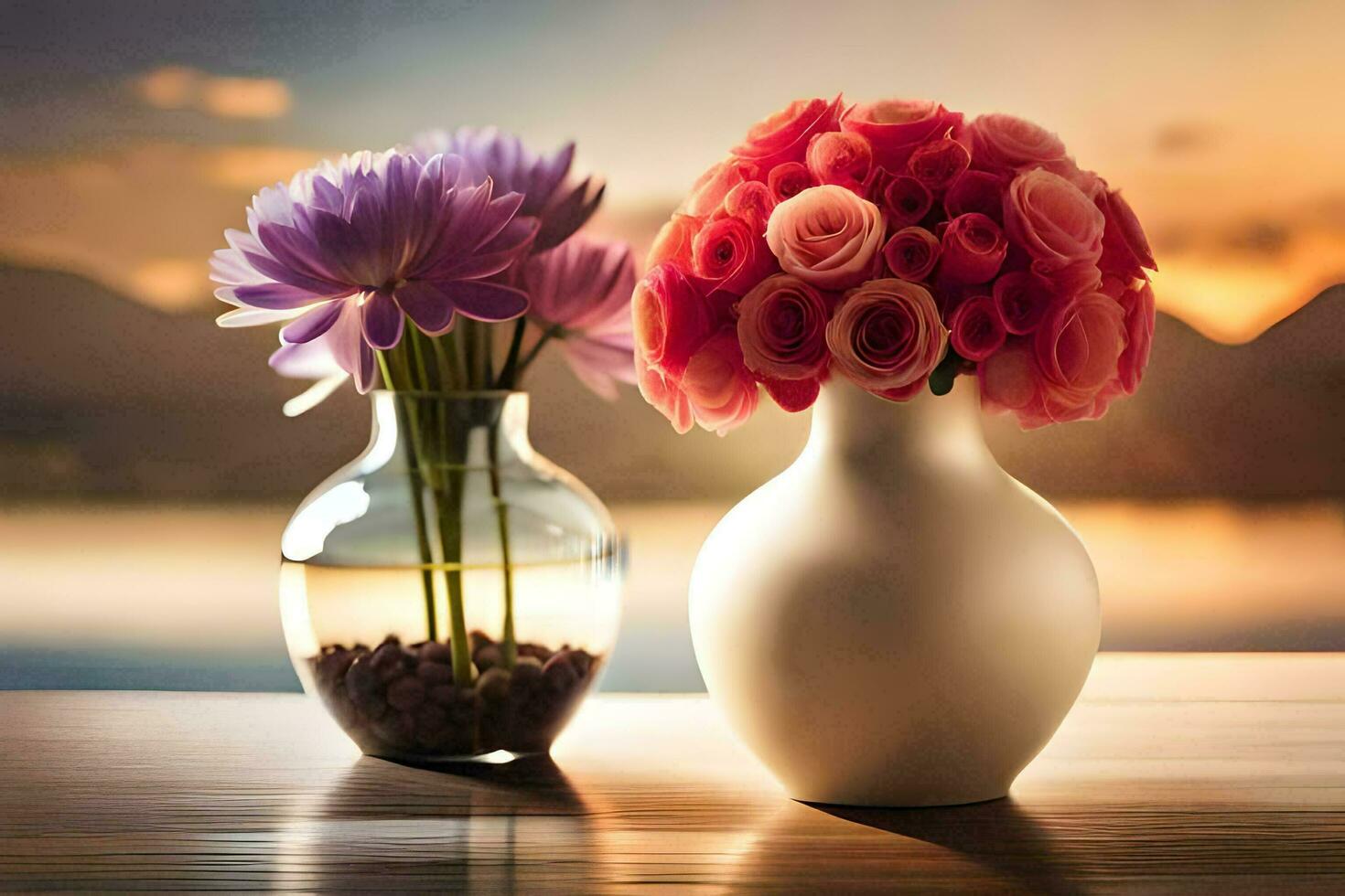 two vases with flowers sitting on a table. AI-Generated photo