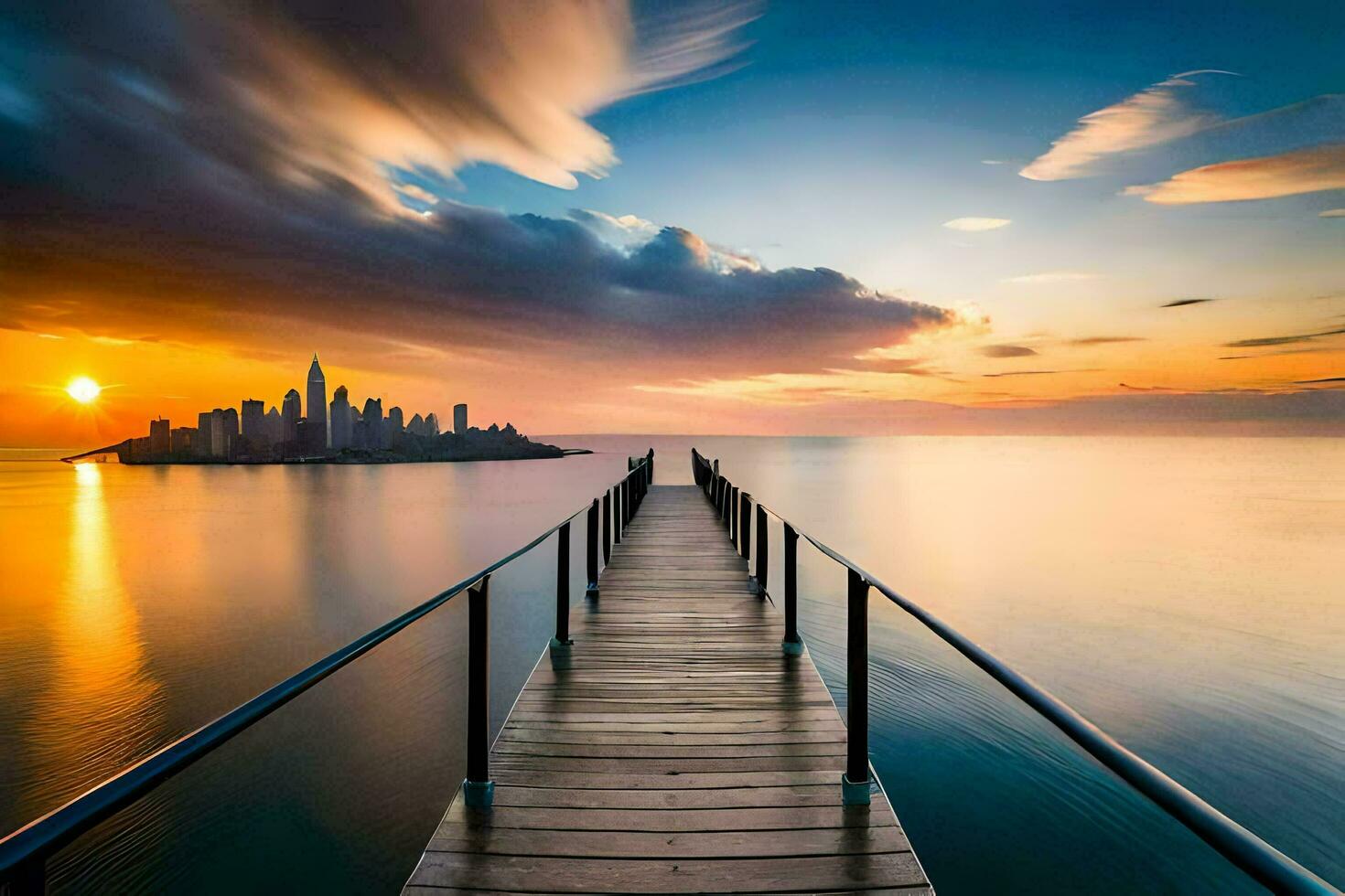 a pier stretching into the ocean at sunset. AI-Generated photo