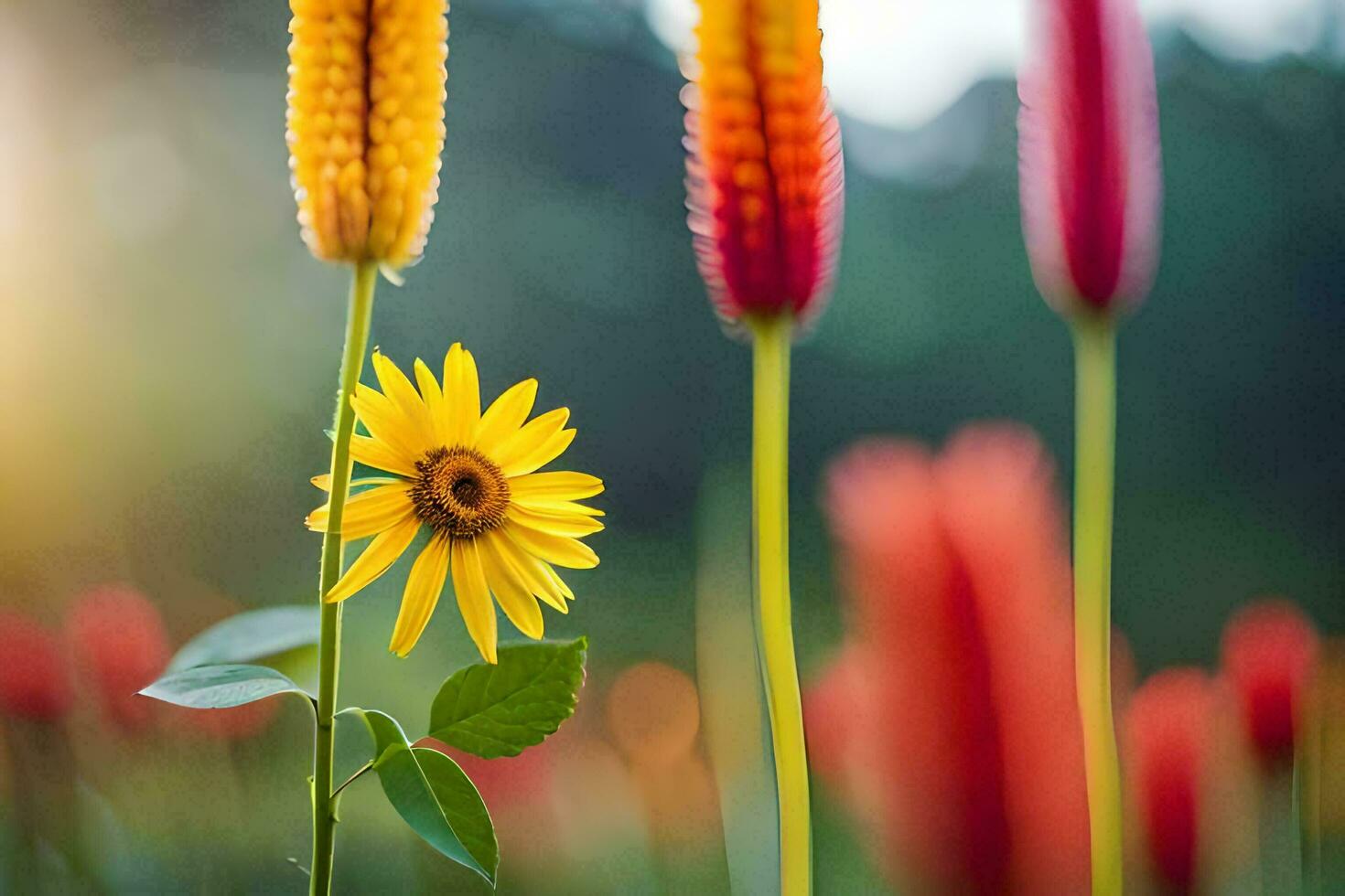 yellow flower and red flower in a field. AI-Generated photo