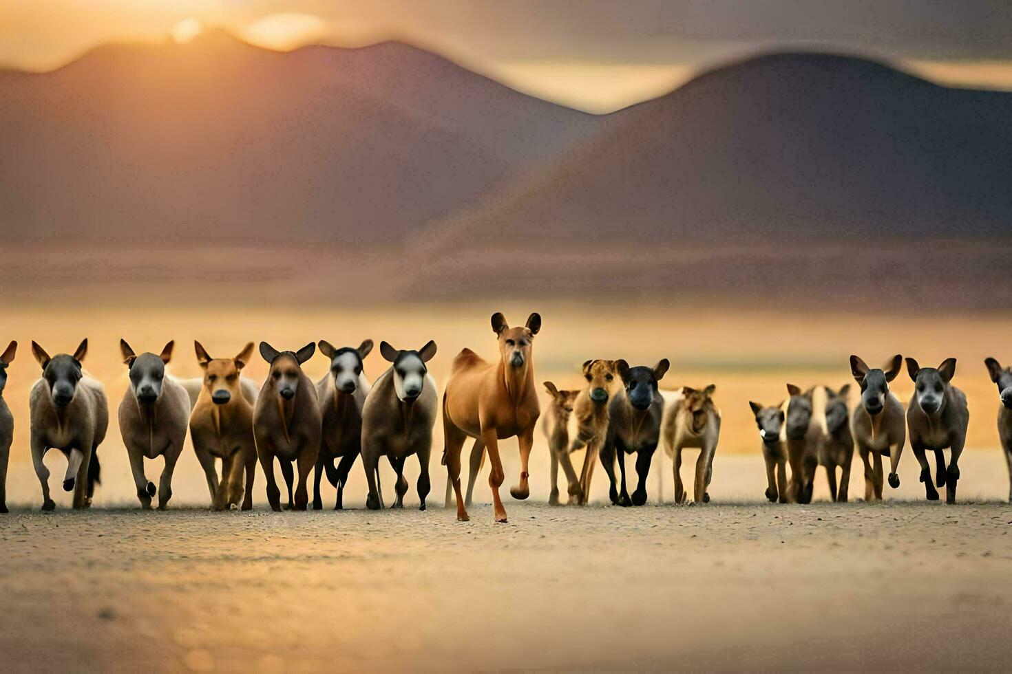 a herd of horses running across a desert. AI-Generated photo