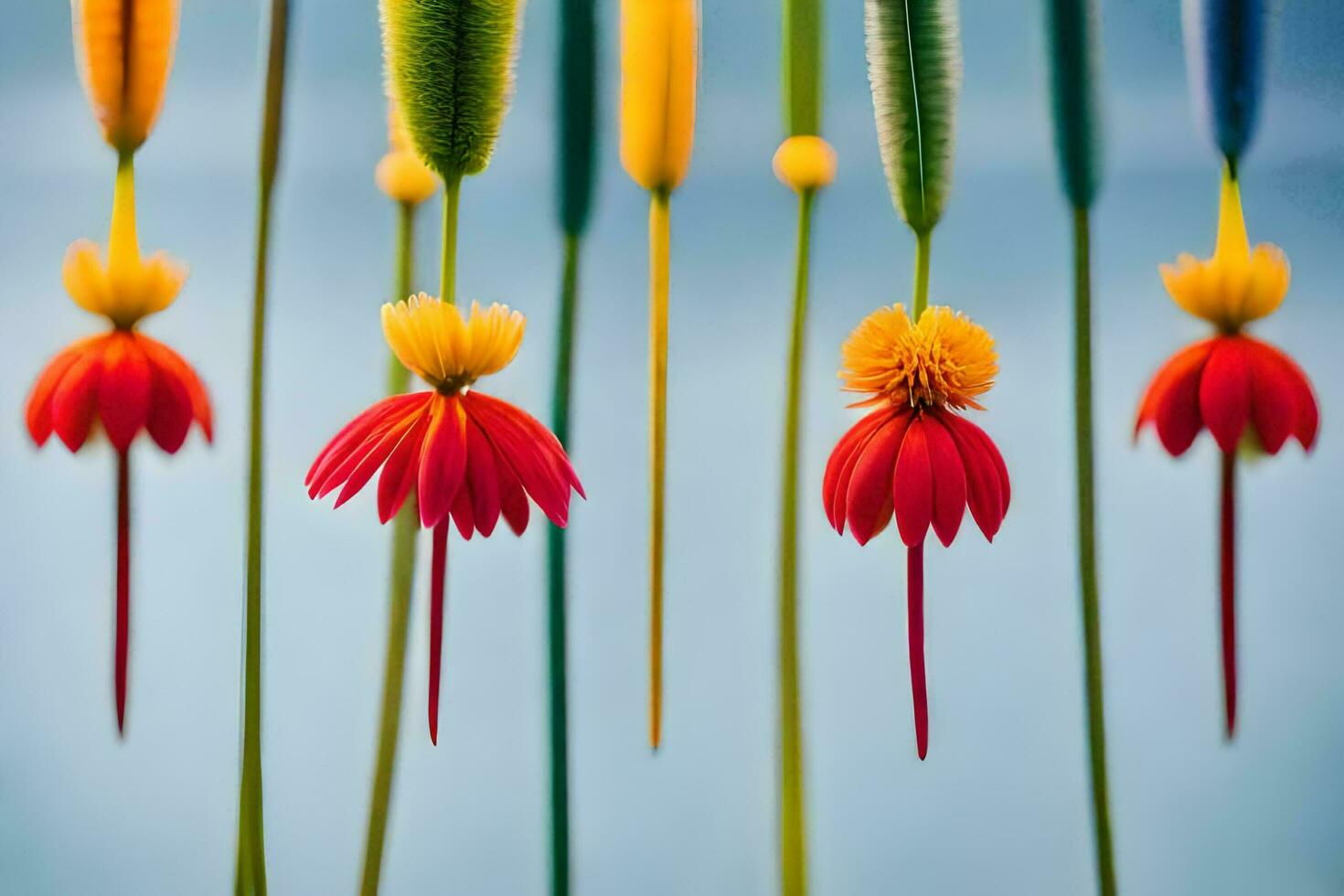 colorful flowers are hanging from a string. AI-Generated photo