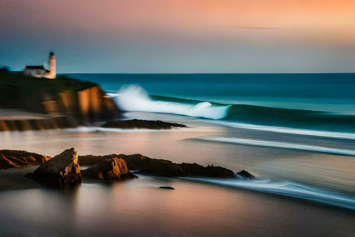 un faro es visto en el distancia a puesta de sol. generado por ai foto