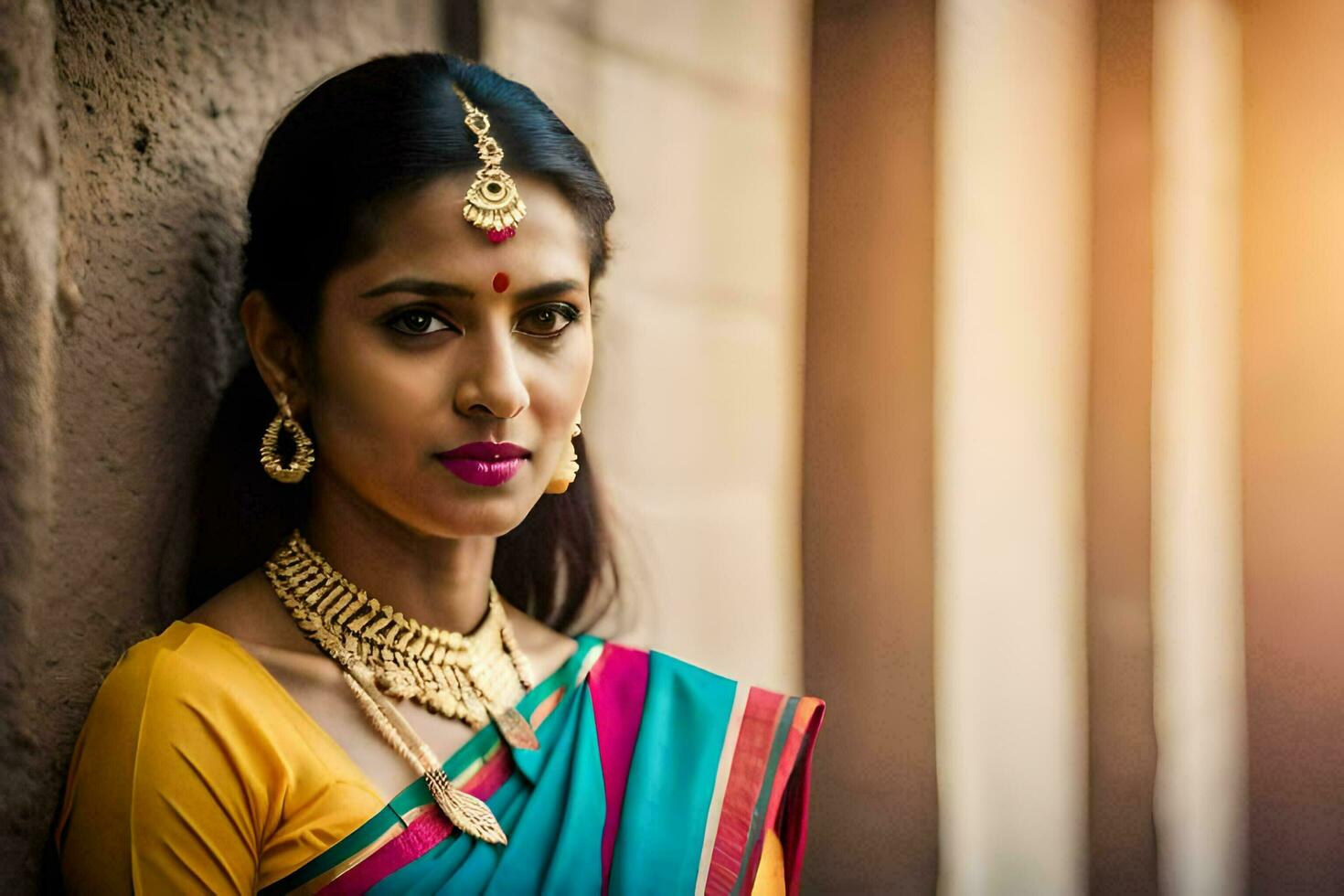 a beautiful indian woman wearing a colorful sari. AI-Generated photo