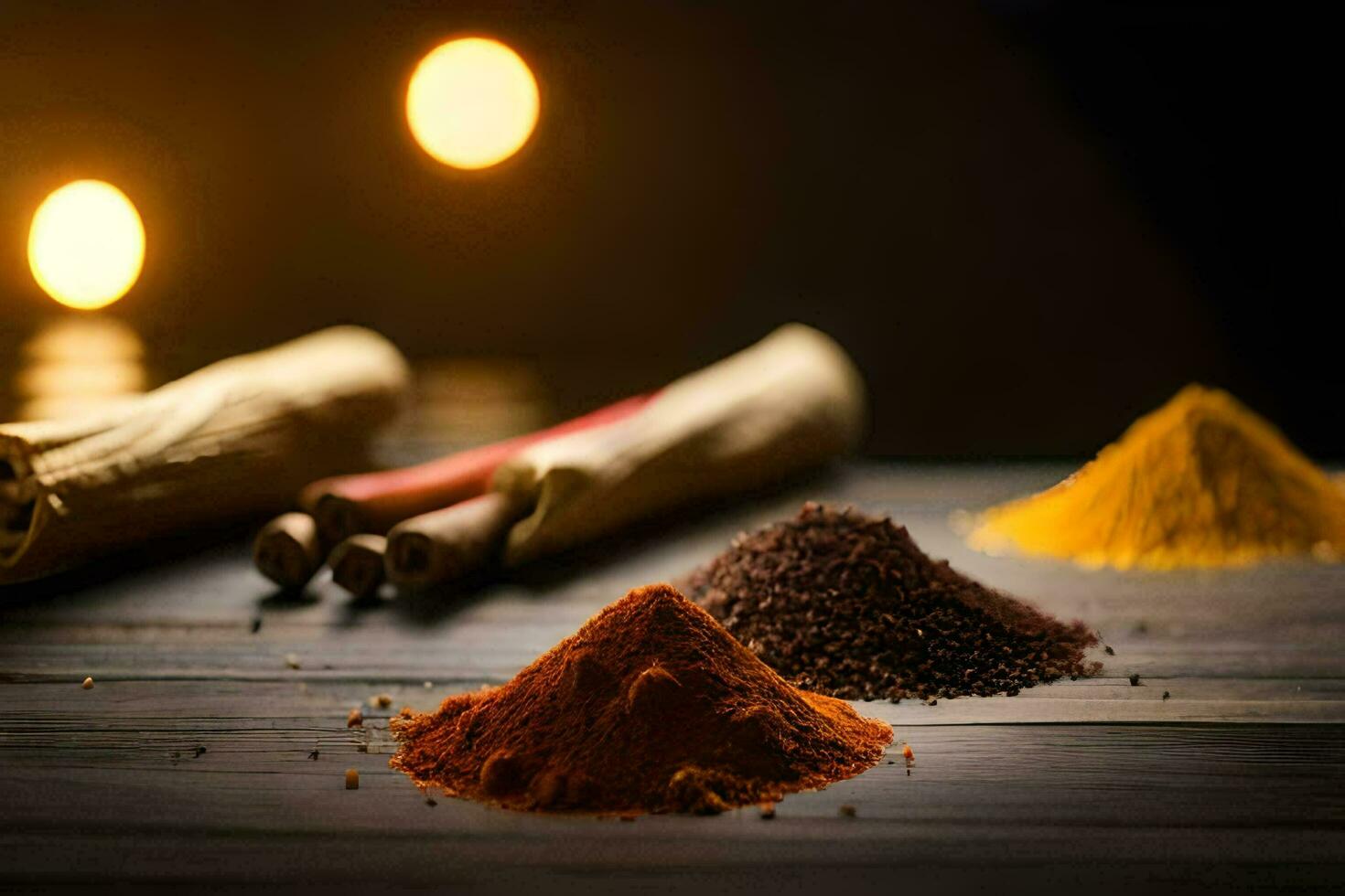 spices on a wooden table with candles in the background. AI-Generated photo