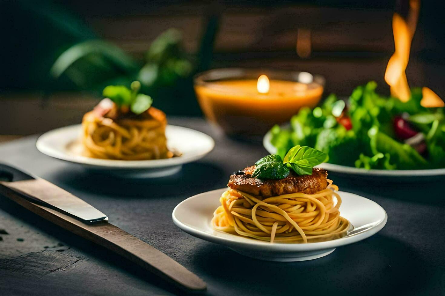 spaghetti with meat and herbs on a plate. AI-Generated photo