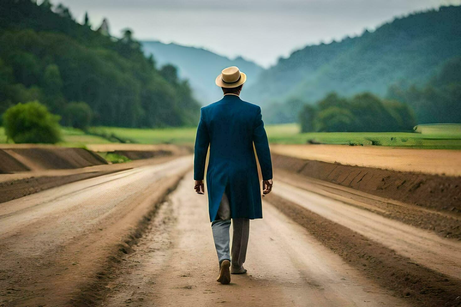 un hombre en un azul traje y sombrero caminando abajo un suciedad la carretera. generado por ai foto