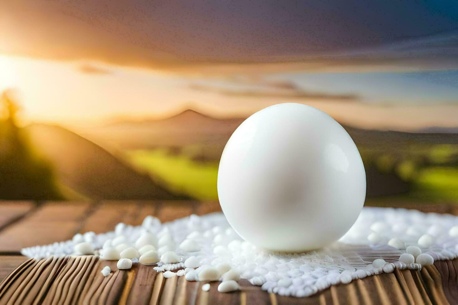 an egg on a table with white rice. AI-Generated photo