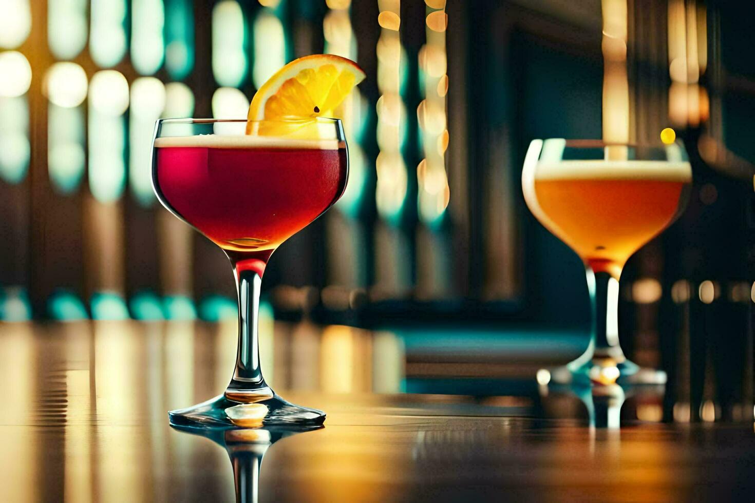 two glasses of different colored drinks on a bar. AI-Generated photo