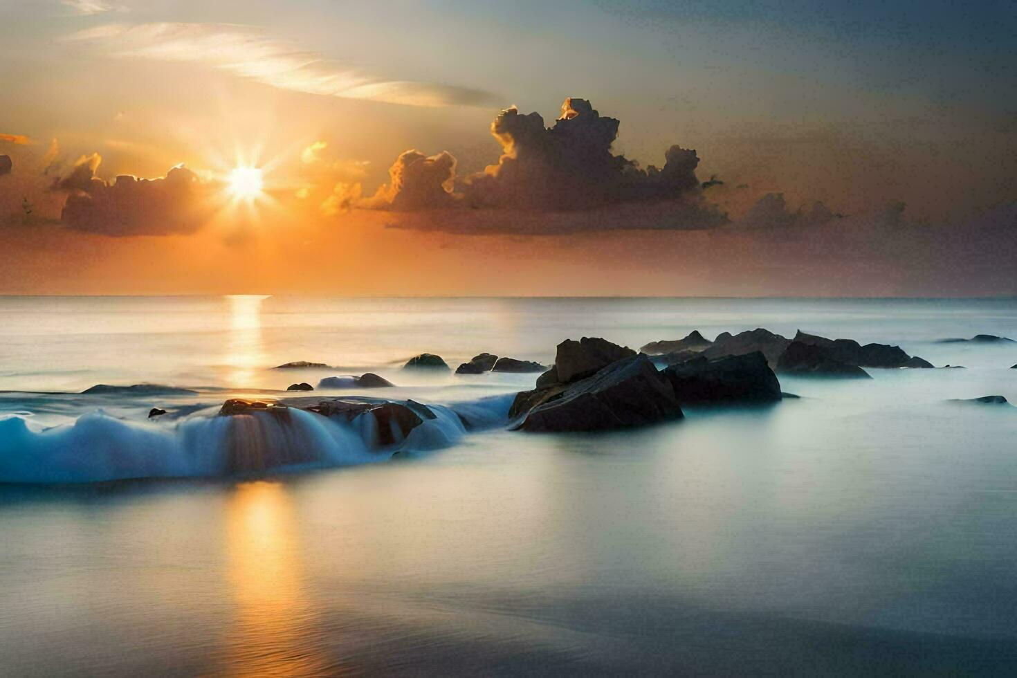 the sun rises over the ocean and rocks. AI-Generated photo