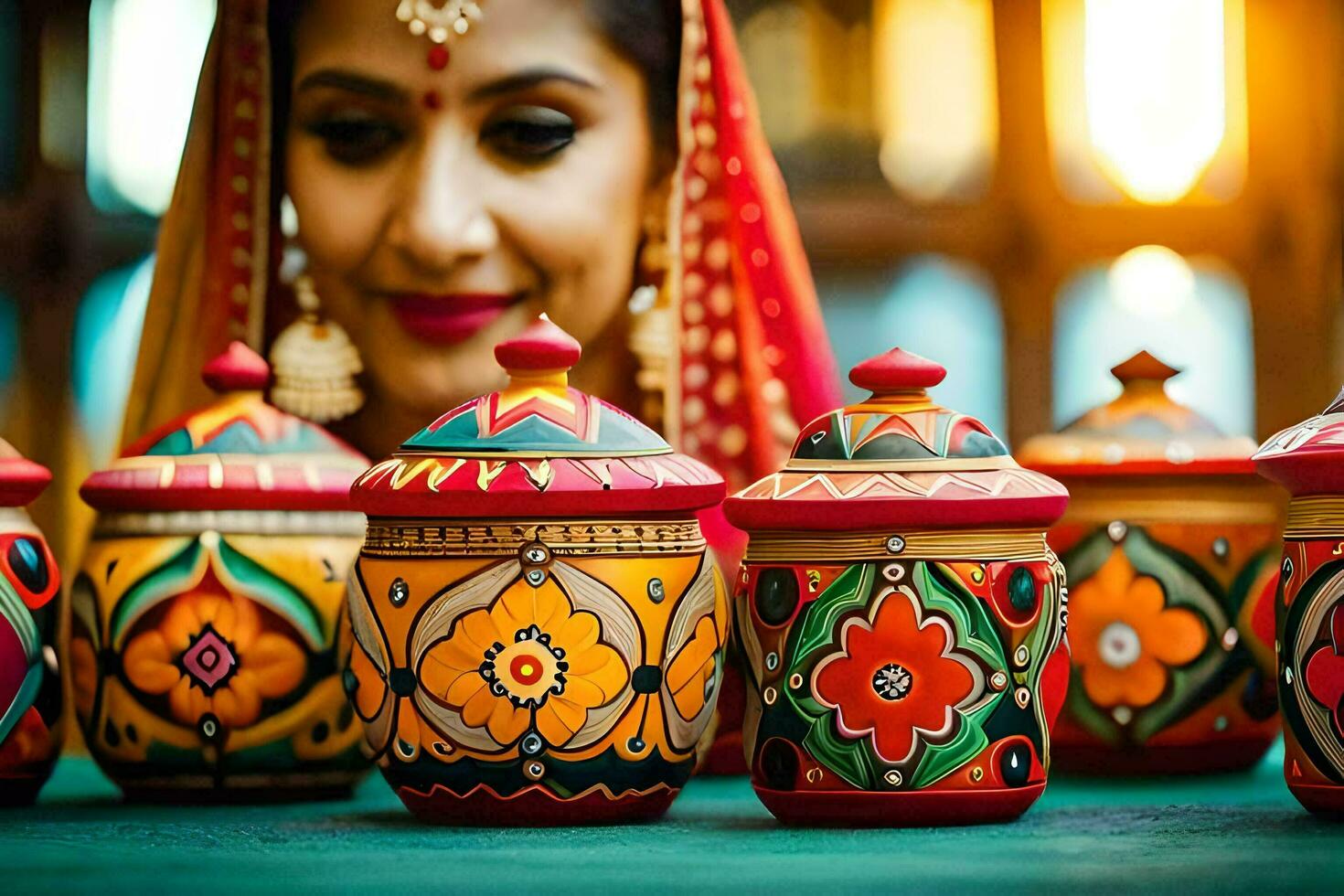 a woman in traditional indian dress is holding colorful pots. AI-Generated photo