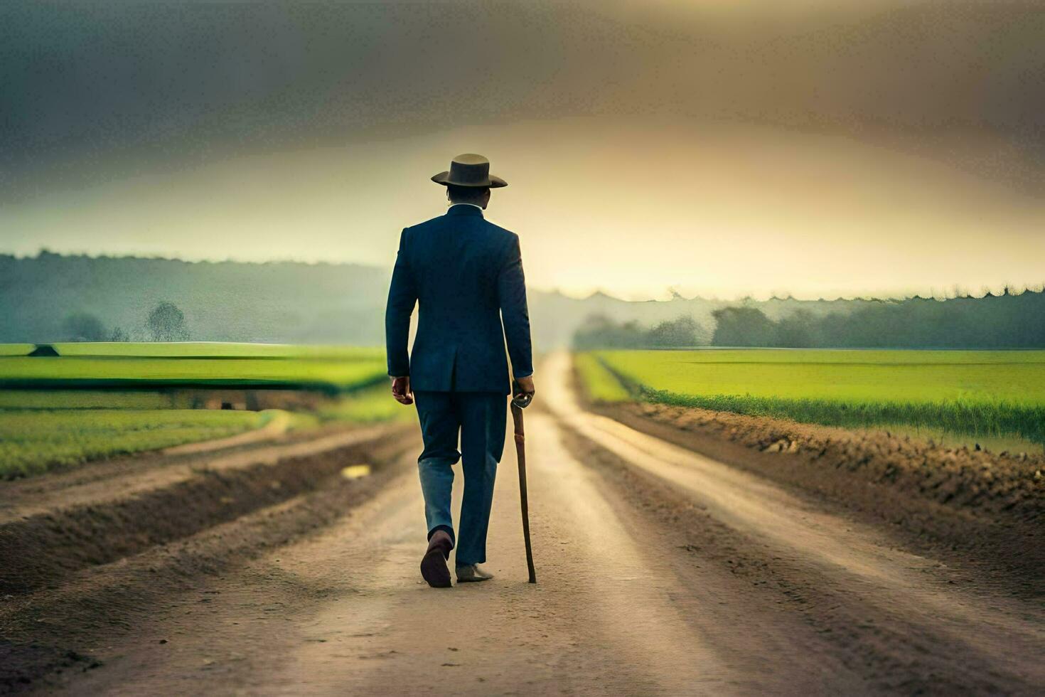 a man in a suit and hat walking down a dirt road. AI-Generated photo