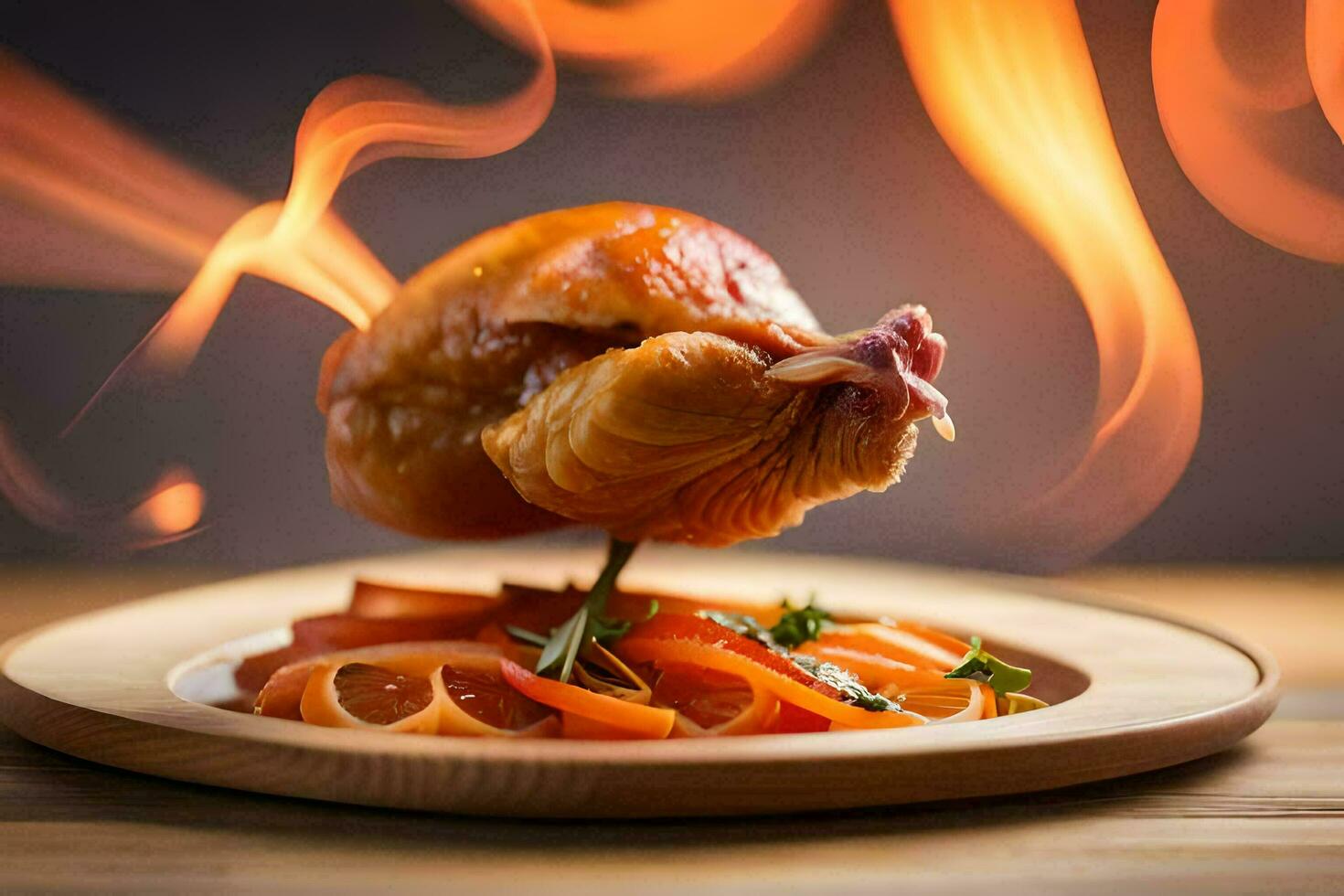 a chicken is sitting on a plate with flames. AI-Generated photo