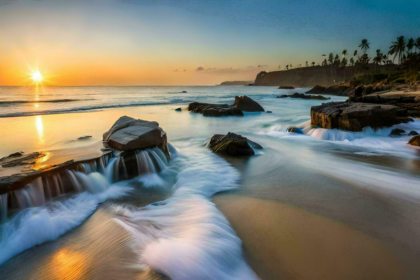 el Dom conjuntos terminado el Oceano y olas estrellarse en el playa. generado por ai foto