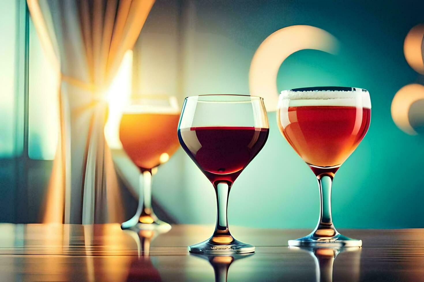 three glasses of wine on a table. AI-Generated photo