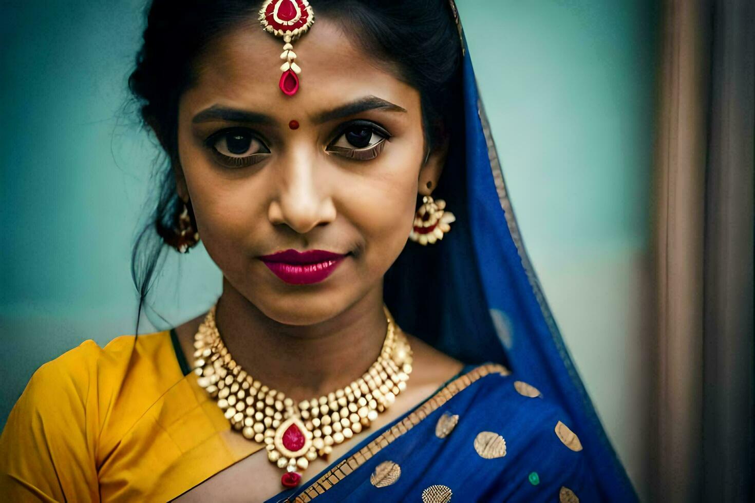 a beautiful indian woman wearing a sari and jewelry. AI-Generated photo