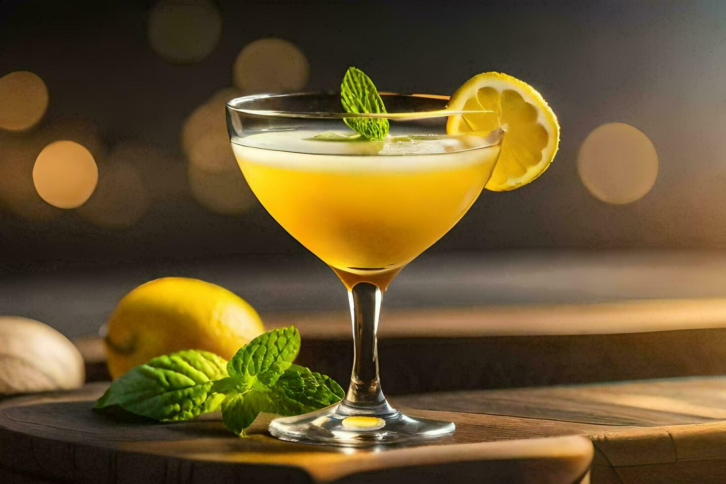 a cocktail with lemon and mint on a wooden table. AI-Generated photo
