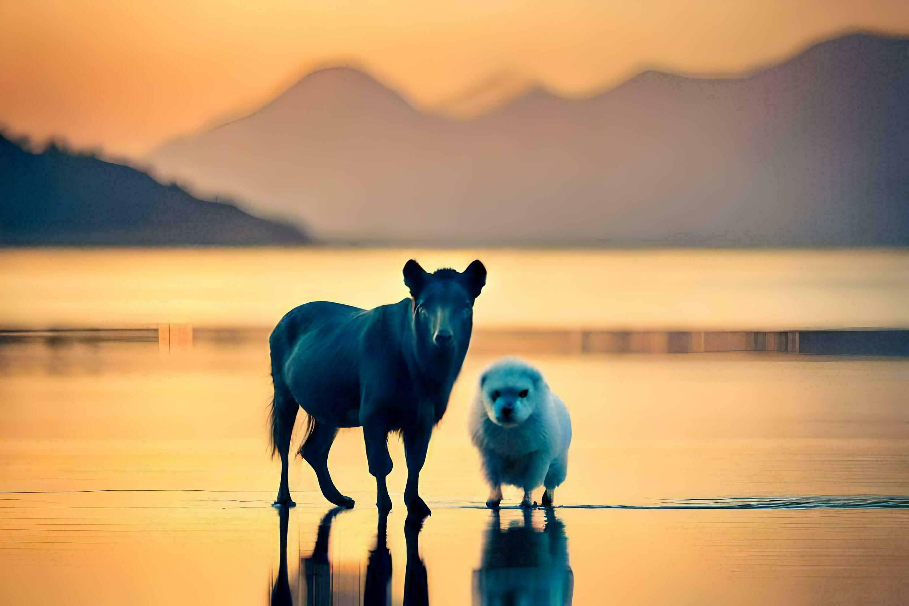 two horses stand in the water at sunset. AIGenerated 32370064 Stock