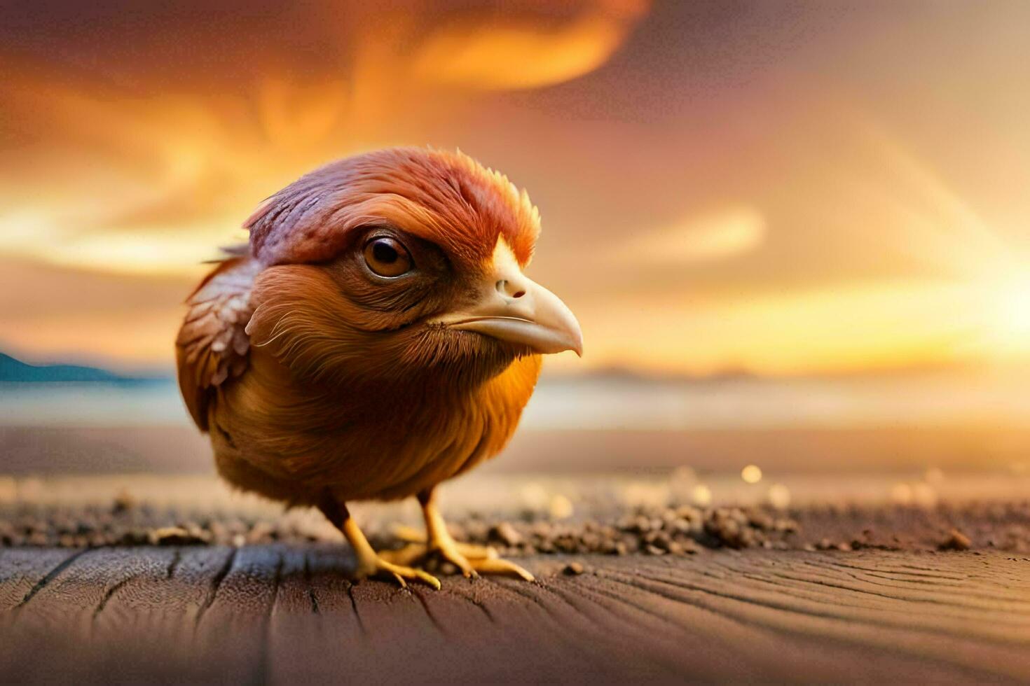 a small bird is standing on a wooden floor. AI-Generated photo