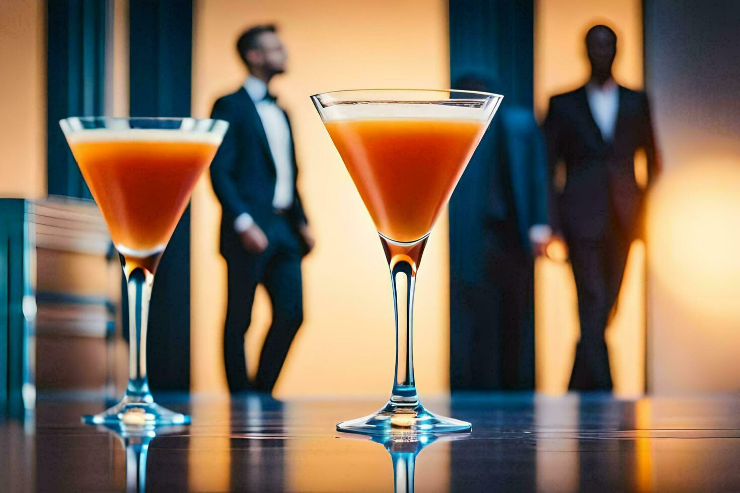 two glasses of orange drink with men in suits behind them. AI-Generated photo