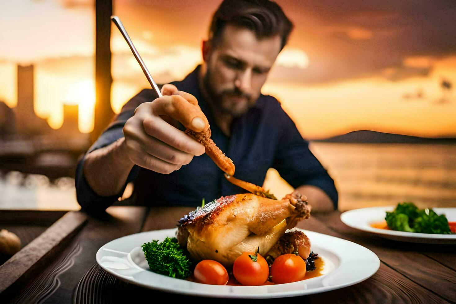 un hombre es comiendo un pollo en un lámina. generado por ai foto