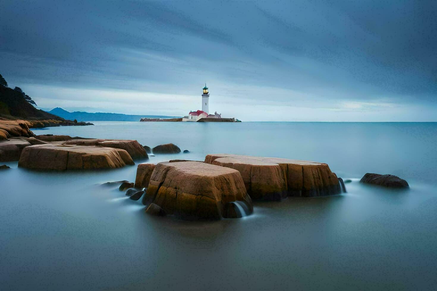 a long exposure photograph of a lighthouse on the ocean. AI-Generated photo