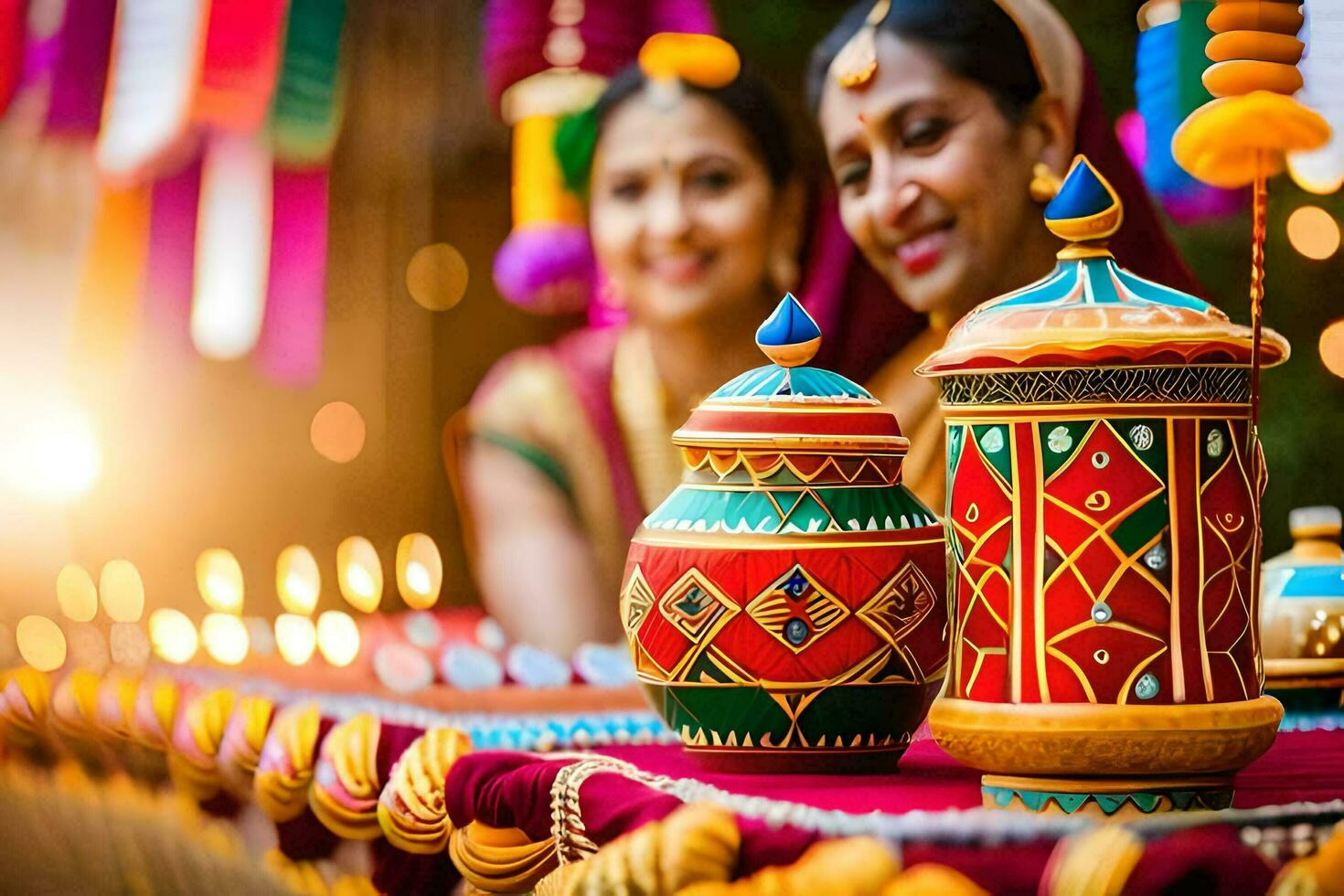 two women in traditional indian clothing are sitting next to colorful decorations. AI-Generated photo