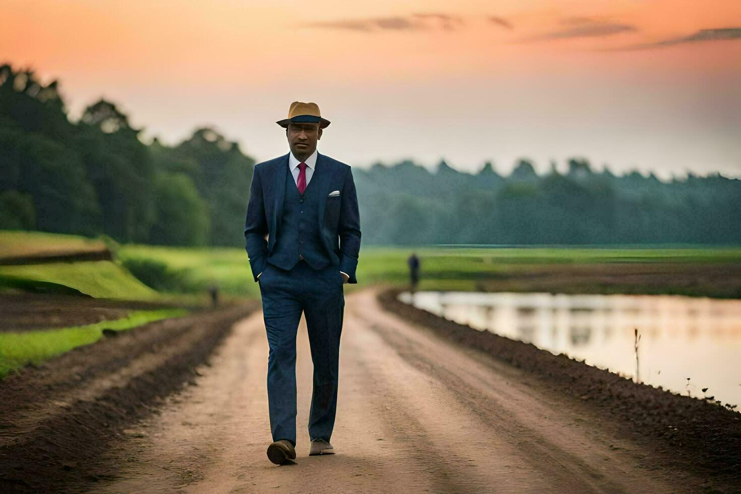 a man in a suit and hat walking down a dirt road. AI-Generated photo