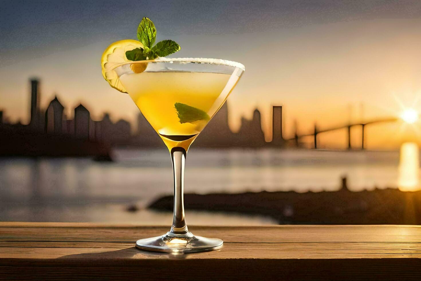a cocktail with a lemon slice and a view of the city. AI-Generated photo
